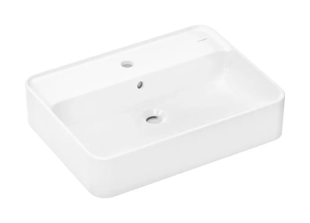 Weißer Aufsatzwaschtisch von Hansgrohe mit abgerundeten Kanten, einem Hahnloch in der Mitte und einem Überlaufloch. Ideal für moderne Badezimmer.